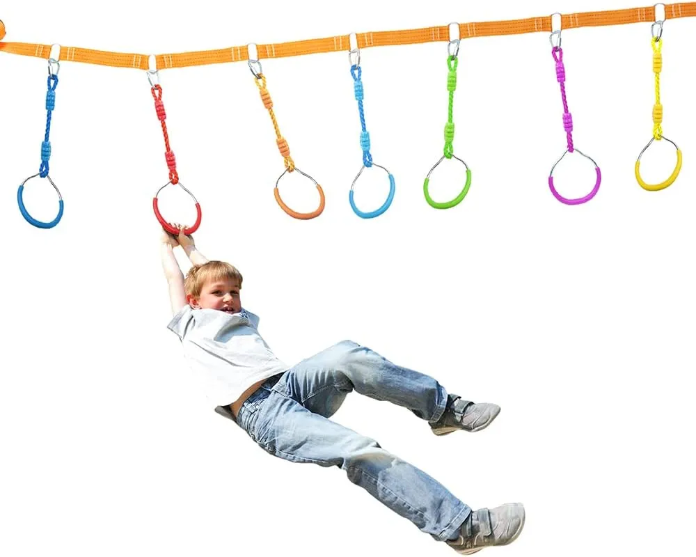 Hanging Ninja Gymnastic Ring Swing Monkey Bar Climbing Bar Jungle Fist For Outdoor Indoor Backyard Activities, 4 Black Obstacle Course Rings Kids Boys Adults Men Playground Training Equipment Play Set