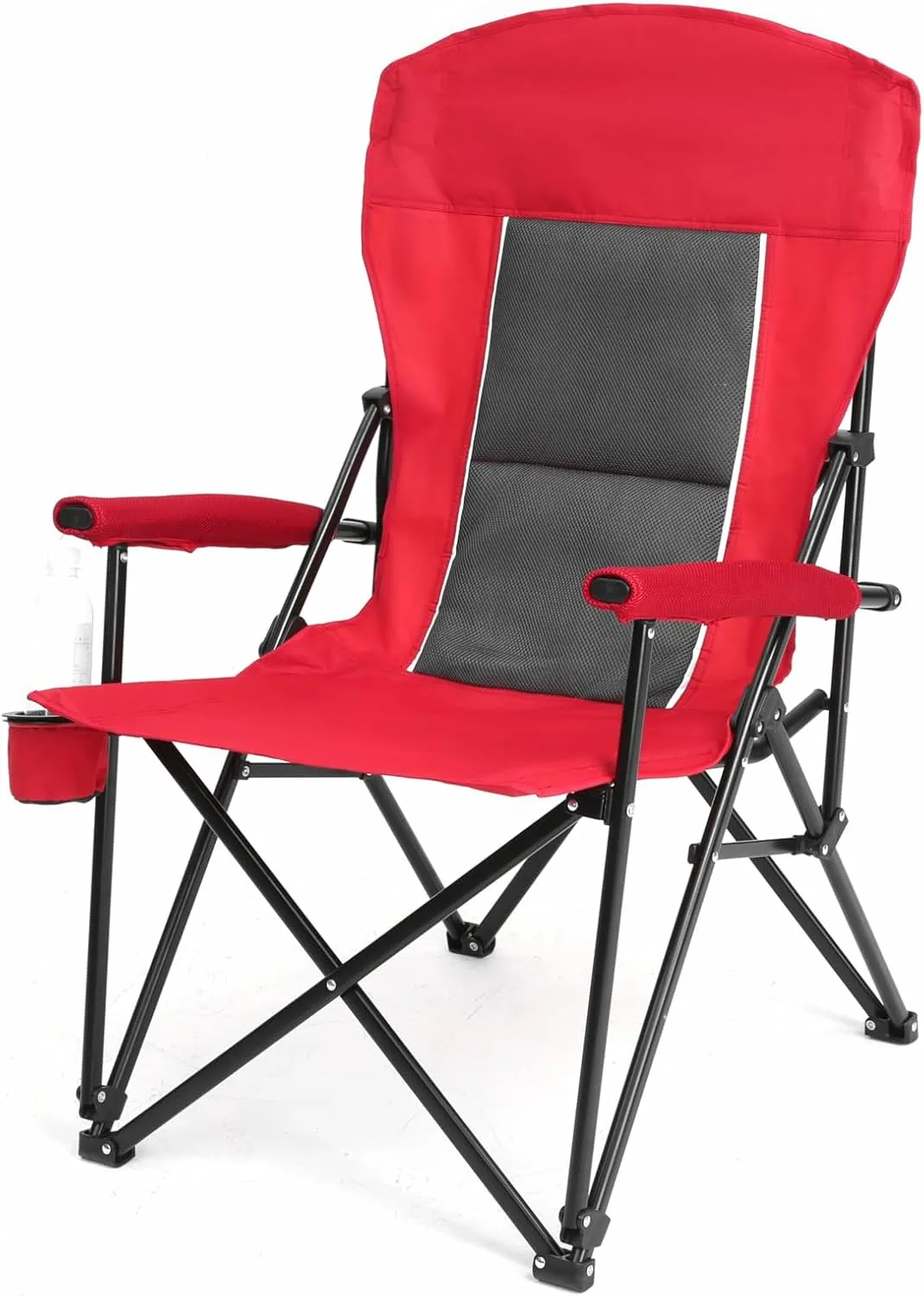 Heavy Duty High Back Lawn Chair with Cup Holder - Supports 250LBS, Portable & Collapsible, Extra Wide & Stable Camping Chair, Breathable Mesh Padding (Red)