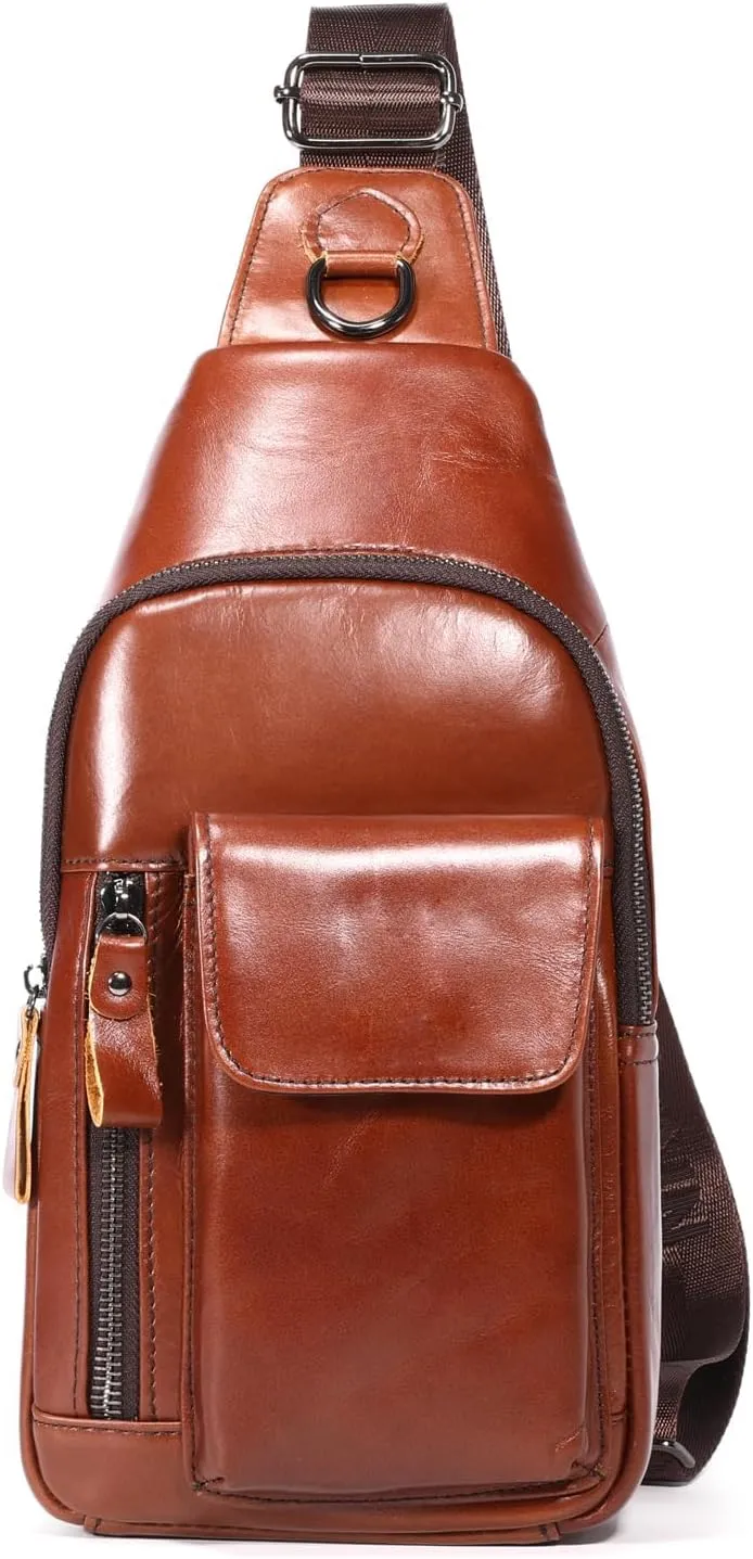 Hebetag Leather Sling Bag Hiking Daypack for Men Women Outdoor Travel Camping Fishing Crossbody Shoulder Chest Pack Backpack, Brown
