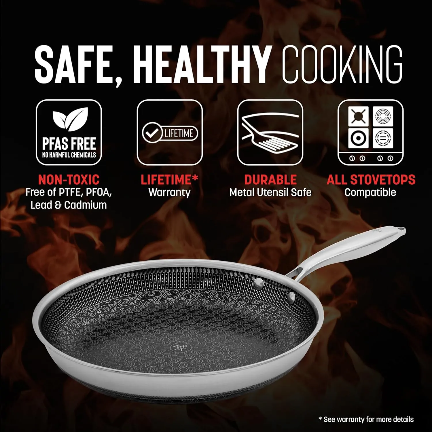 Hell's Kitchen Hybrid 11" Frying Pan, Tri-Clad Stainless Steel and Nonstick Ceramic PFAS Free, no PFOA, PTFE, or Teflon, Non Toxic Cookware, Metal Utensil Safe, All Cooktops, Oven Safe