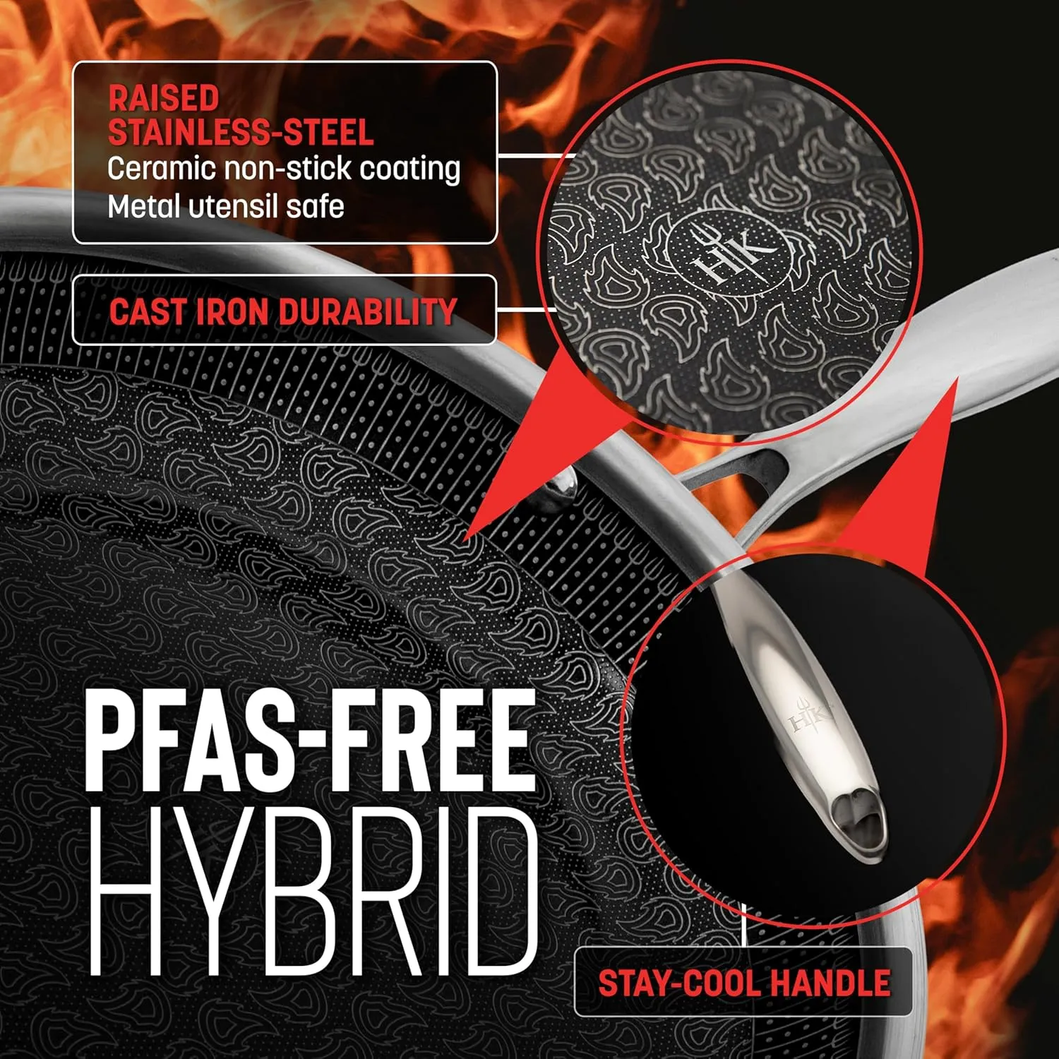 Hell's Kitchen Hybrid 11" Frying Pan, Tri-Clad Stainless Steel and Nonstick Ceramic PFAS Free, no PFOA, PTFE, or Teflon, Non Toxic Cookware, Metal Utensil Safe, All Cooktops, Oven Safe