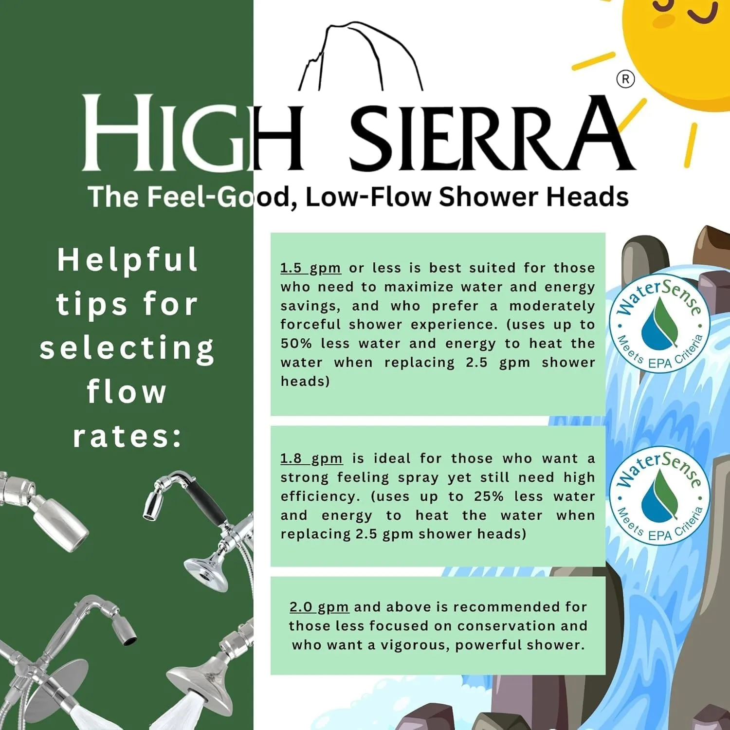 High Sierra Showerheads® - Solid Metal 1.8 GPM High Efficiency, Low-Flow Shower Head with Long Nut & Protective Nylon Insert - Chrome