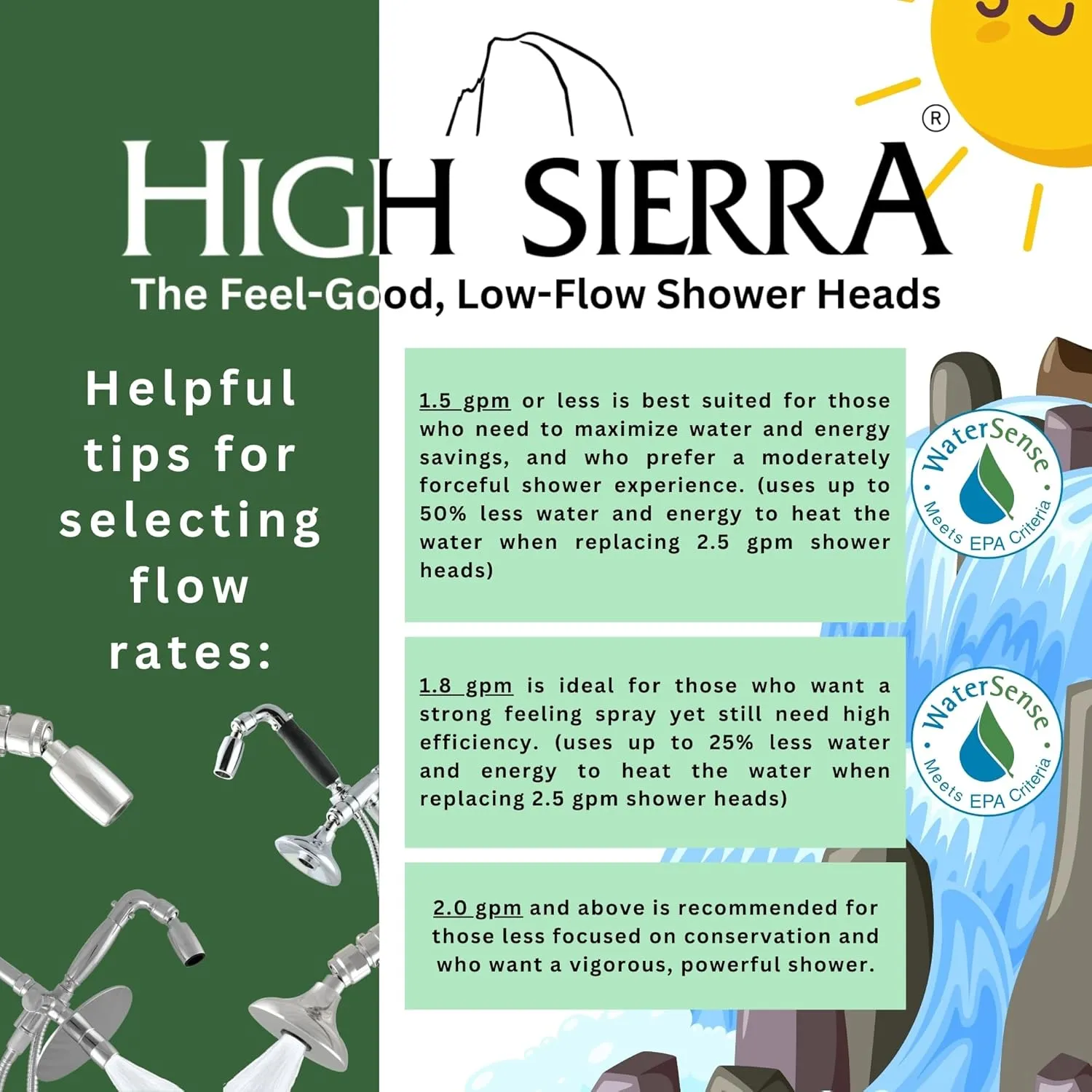 High Sierra Showerheads® - Solid Metal 1.8 GPM High Efficiency, Low-Flow Shower Head with Long Nut & Protective Nylon Insert - Chrome