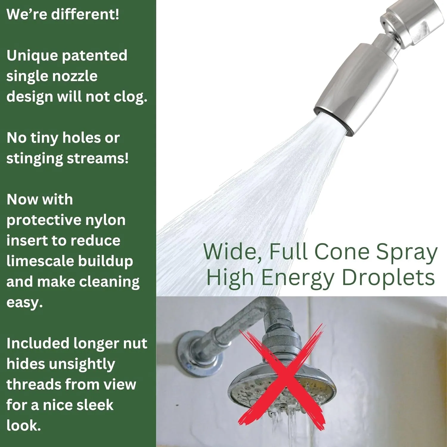 High Sierra Showerheads® - Solid Metal 1.8 GPM High Efficiency, Low-Flow Shower Head with Long Nut & Protective Nylon Insert - Chrome