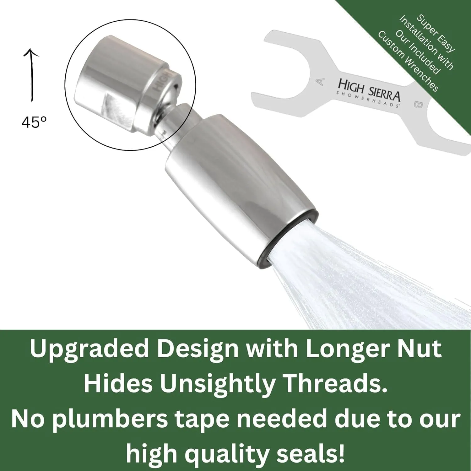 High Sierra Showerheads® - Solid Metal 1.8 GPM High Efficiency, Low-Flow Shower Head with Long Nut & Protective Nylon Insert - Chrome