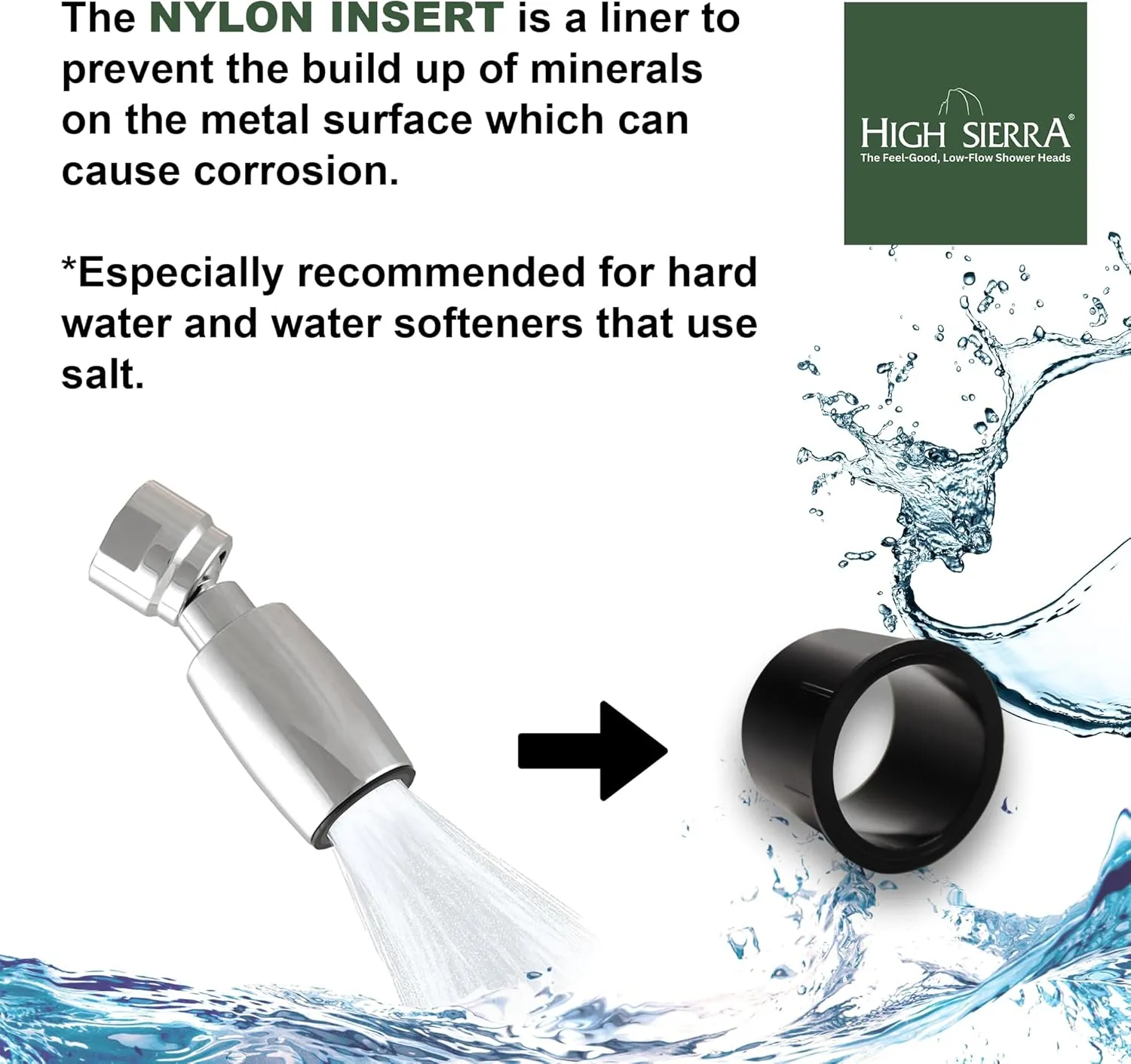 High Sierra Showerheads® - Solid Metal 1.8 GPM High Efficiency, Low-Flow Shower Head with Long Nut & Protective Nylon Insert - Chrome