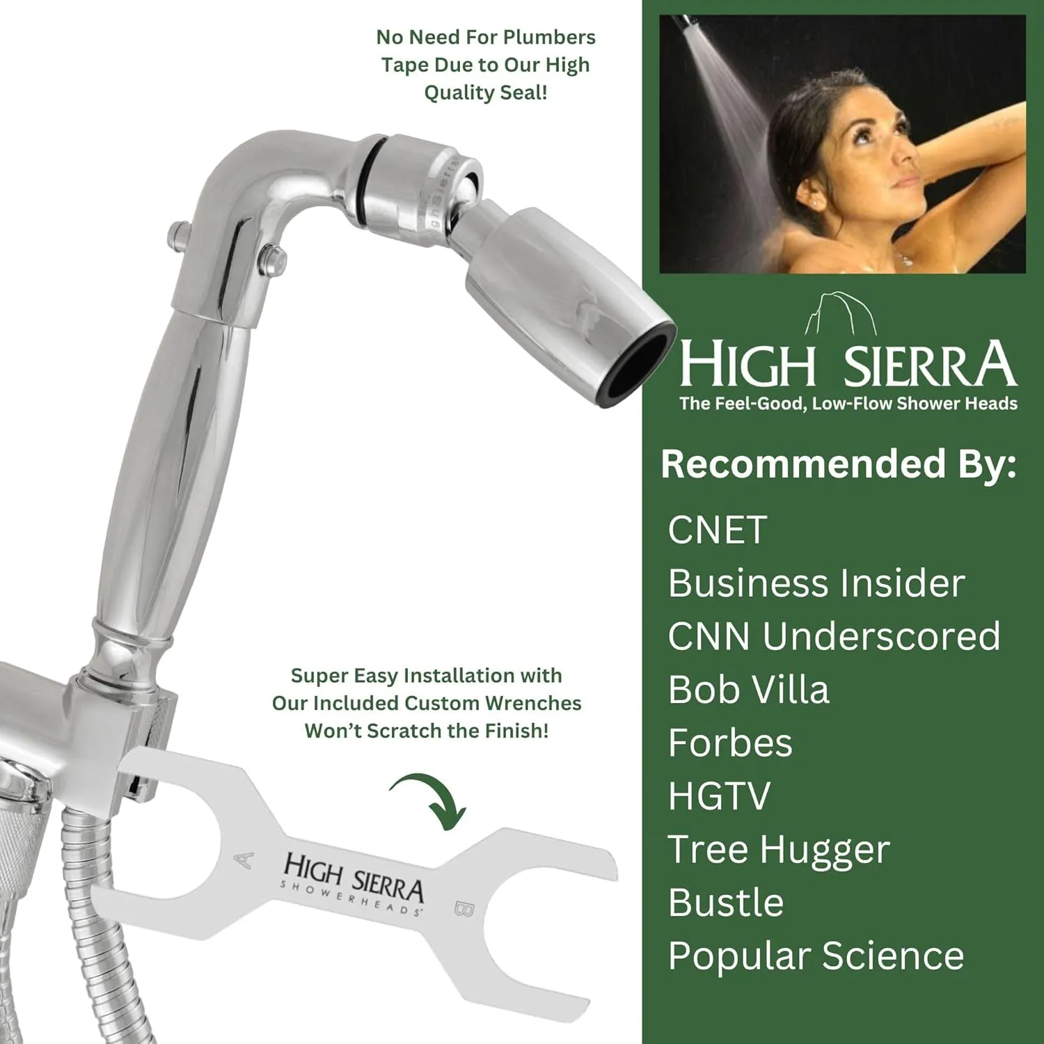 High Sierra Showerheads® - Solid Metal Handheld Shower Head Kit. Includes Handheld Shower Head w/Protective Nylon Insert, Trickle Valve, Hose, and Holder. 1.8 GPM. Chrome