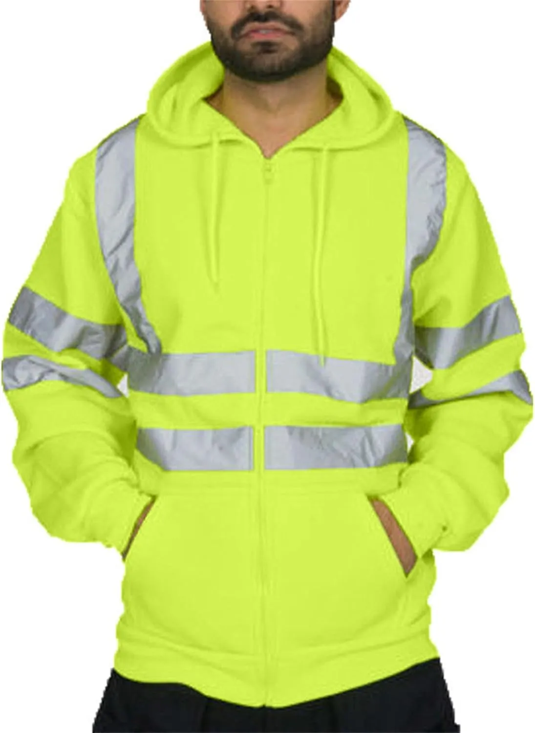 High Visibility Safety Reflective Sweatshirt Sets for Men Hi Vis Bomber Hooded Jacket Construction Work Pants Sets