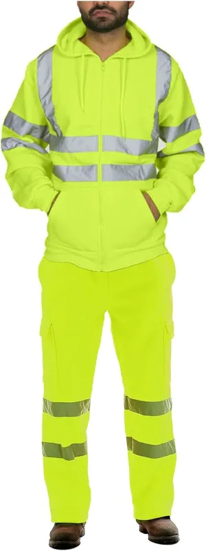 High Visibility Safety Reflective Sweatshirt Sets for Men Hi Vis Bomber Hooded Jacket Construction Work Pants Sets