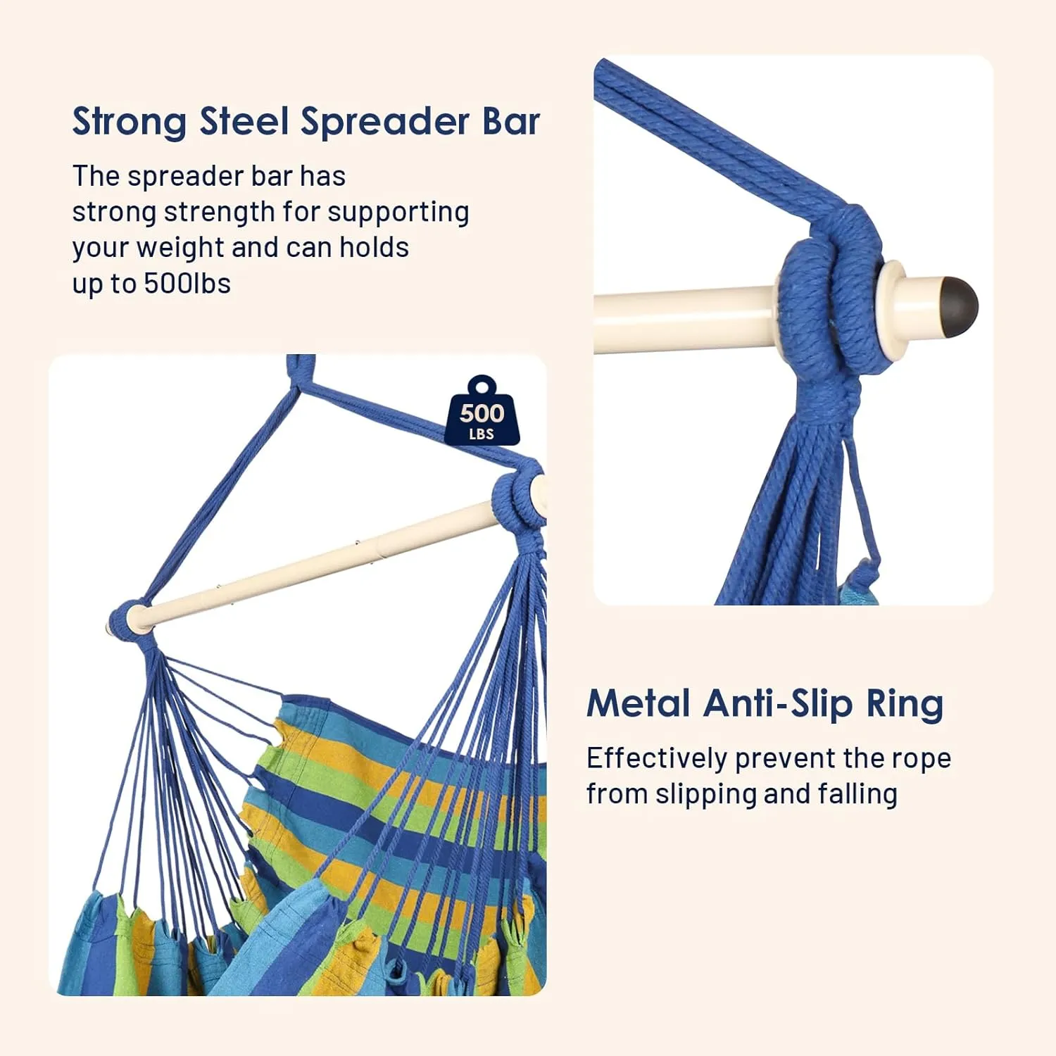 Highwild Hanging Rope Hammock Chair Swing Seat for Any Indoor or Outdoor Spaces - 500 lbs Weight Capacity (Blue Striped.)