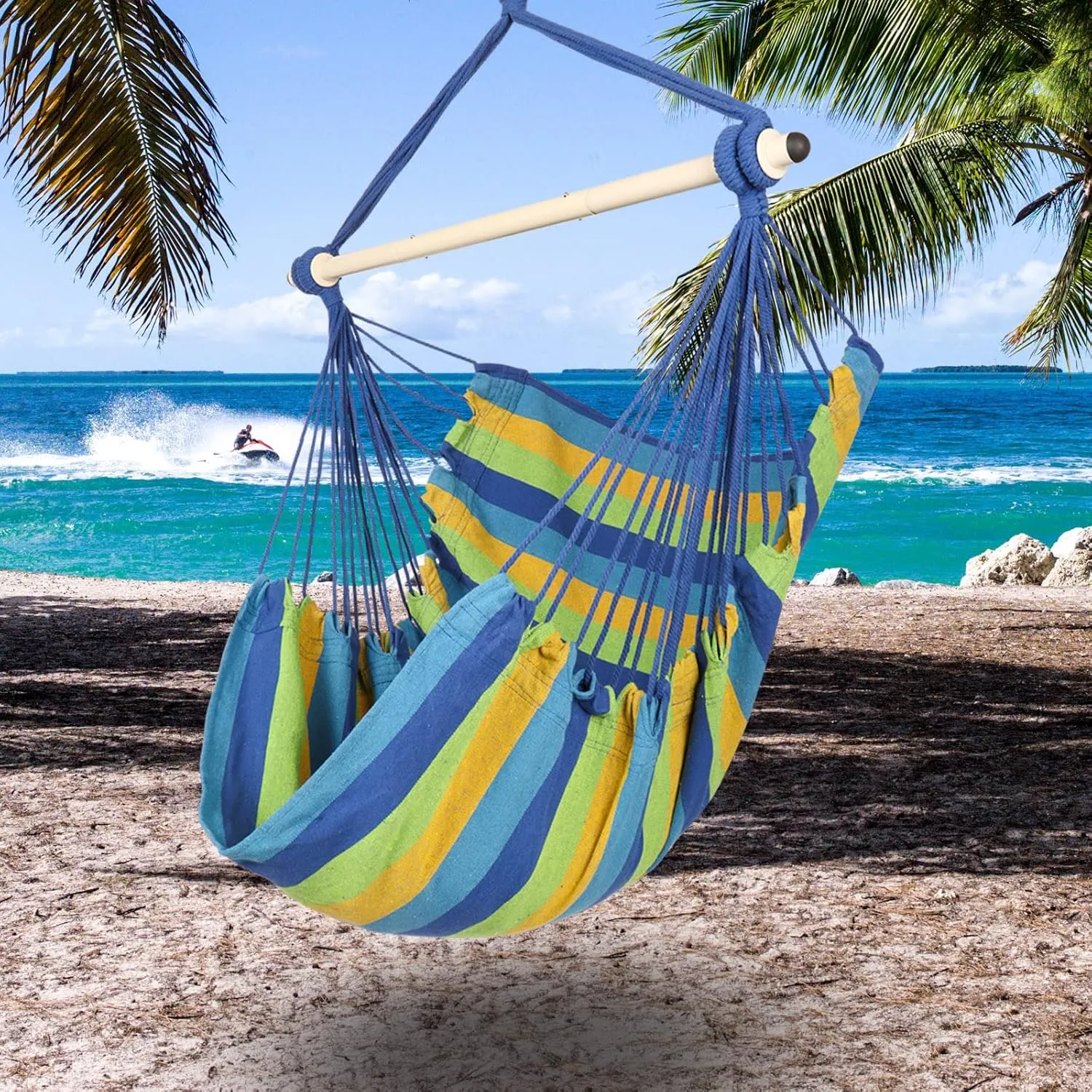Highwild Hanging Rope Hammock Chair Swing Seat for Any Indoor or Outdoor Spaces - 500 lbs Weight Capacity (Blue Striped.)