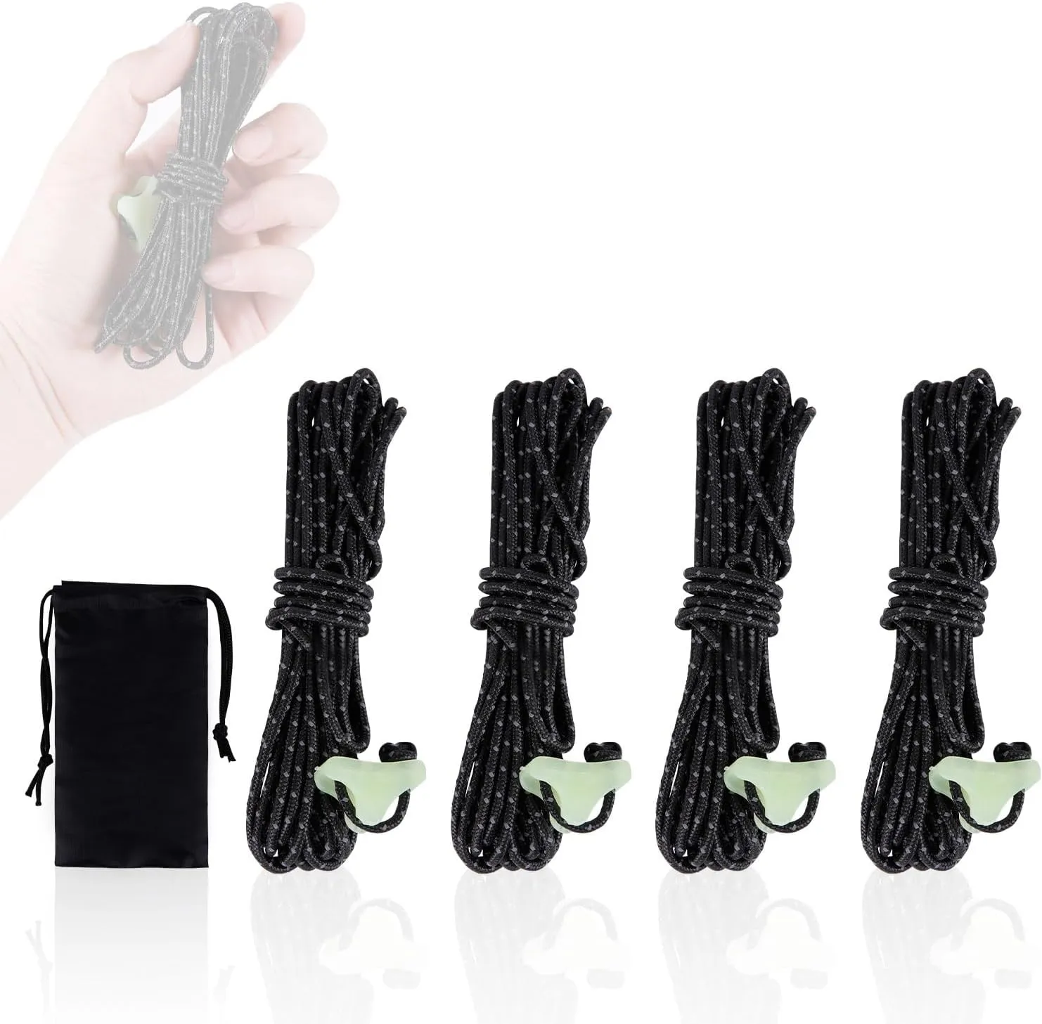 HIKEMAN Ultralight Tent Guy Ropes - 2mm Reflective Guyline,UHMWPE Camping Guide Rope with Luminescent Tensioner for Outdoor Camping Hiking Awning Tents (Black, 4M)