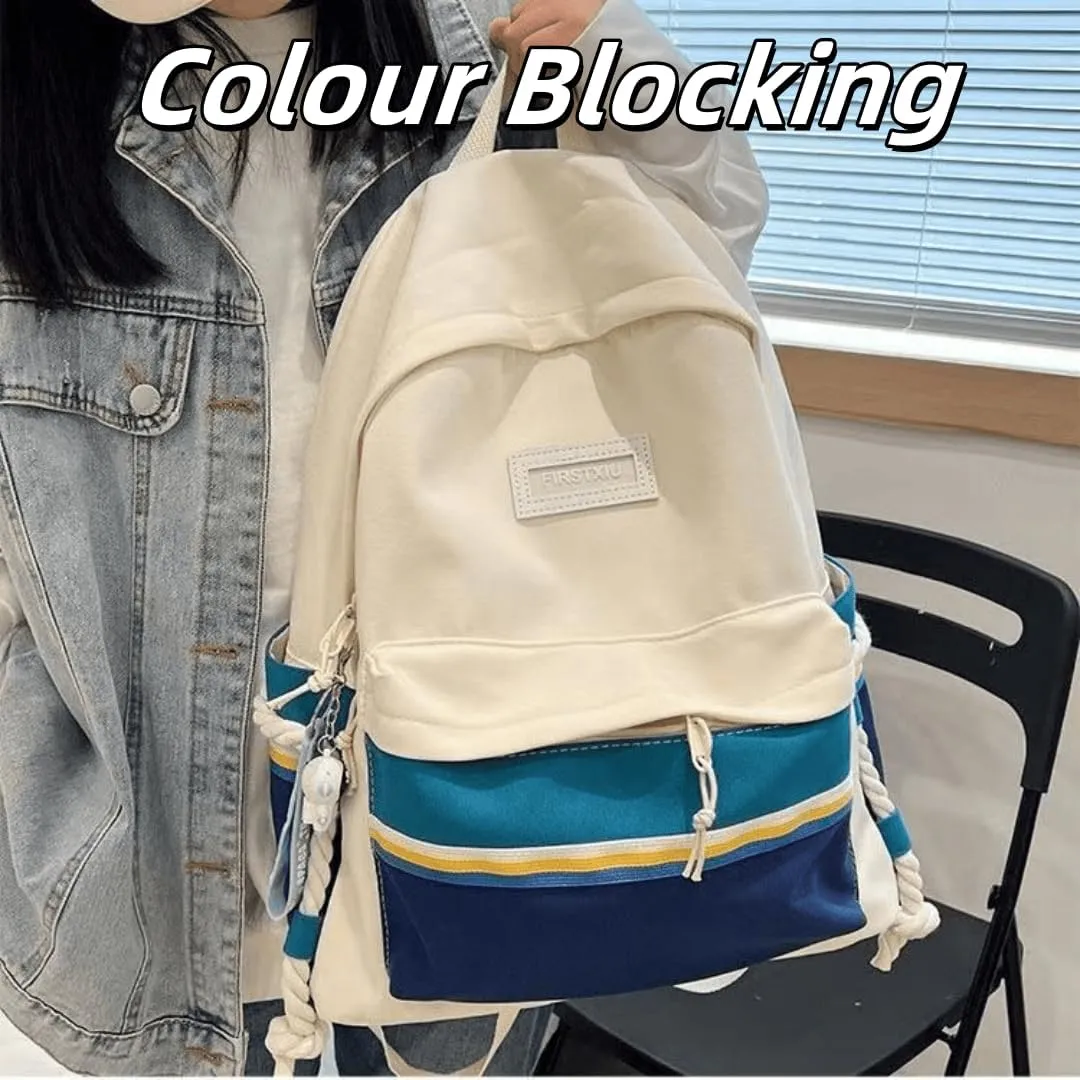 Hiking Daypack with Stain-Resistant Fabric, Unisex Color Clash Design Backpack for Trekking, Cycling (White-blue)