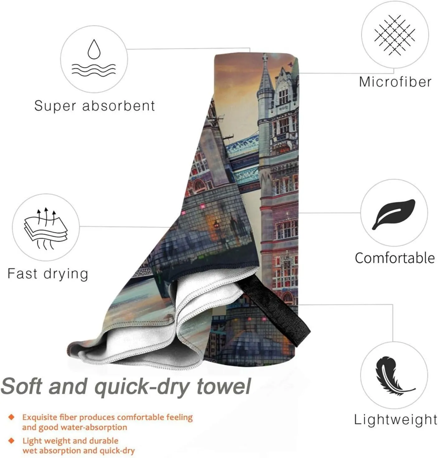 Historic Old Tower Bridge London Printed Quick Drying Bath Towel 27.5x55 Inch, Microfiber Bathroom Shower Towels Absorbent Beach Towel with PVC Bag for Travel Yoga Spa Sport