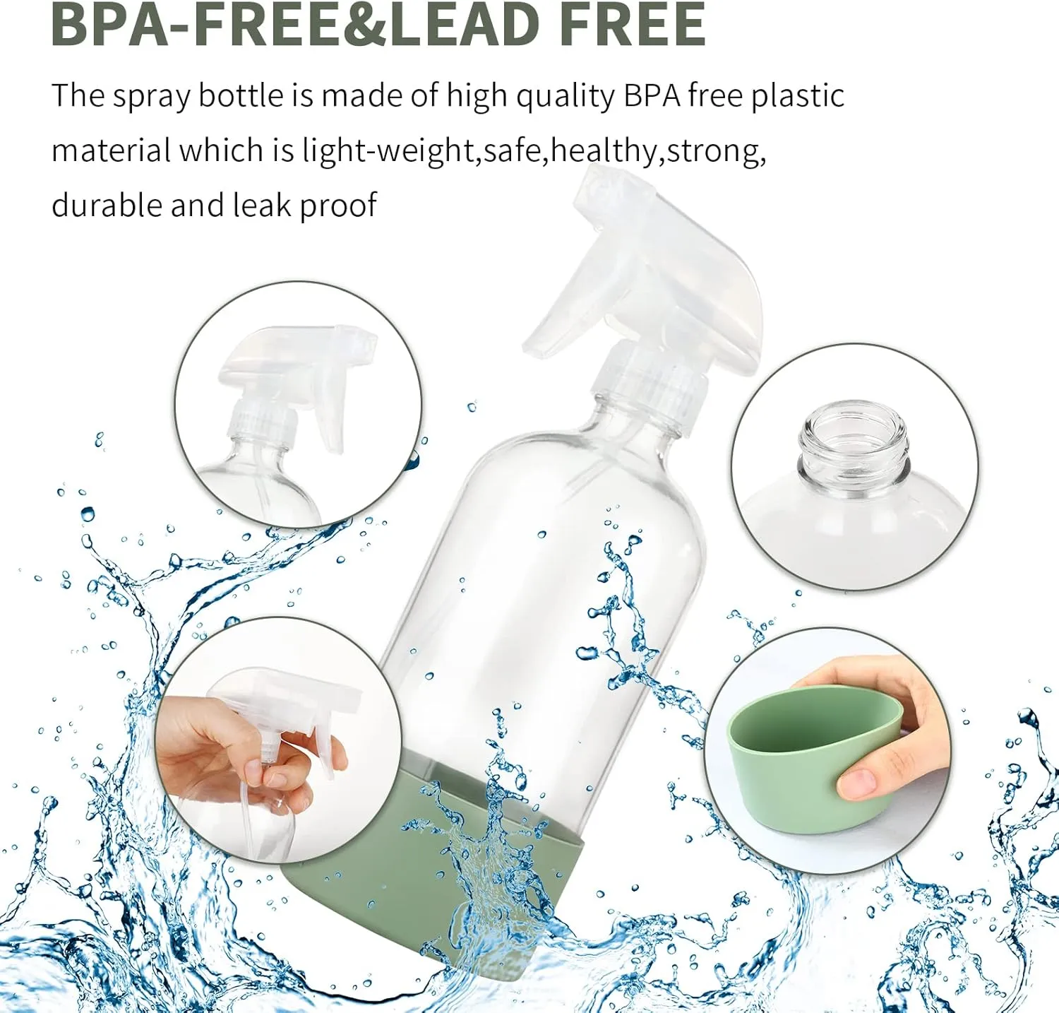 HOMBYS 16 Oz Clear Glass Spray Bottles with Silicone Sleeve,Empty Boston Bottle Spray Bottle with Adjustable Nozzle,Refillable Container for Cleaning, Essential Oils, Hair, Plants