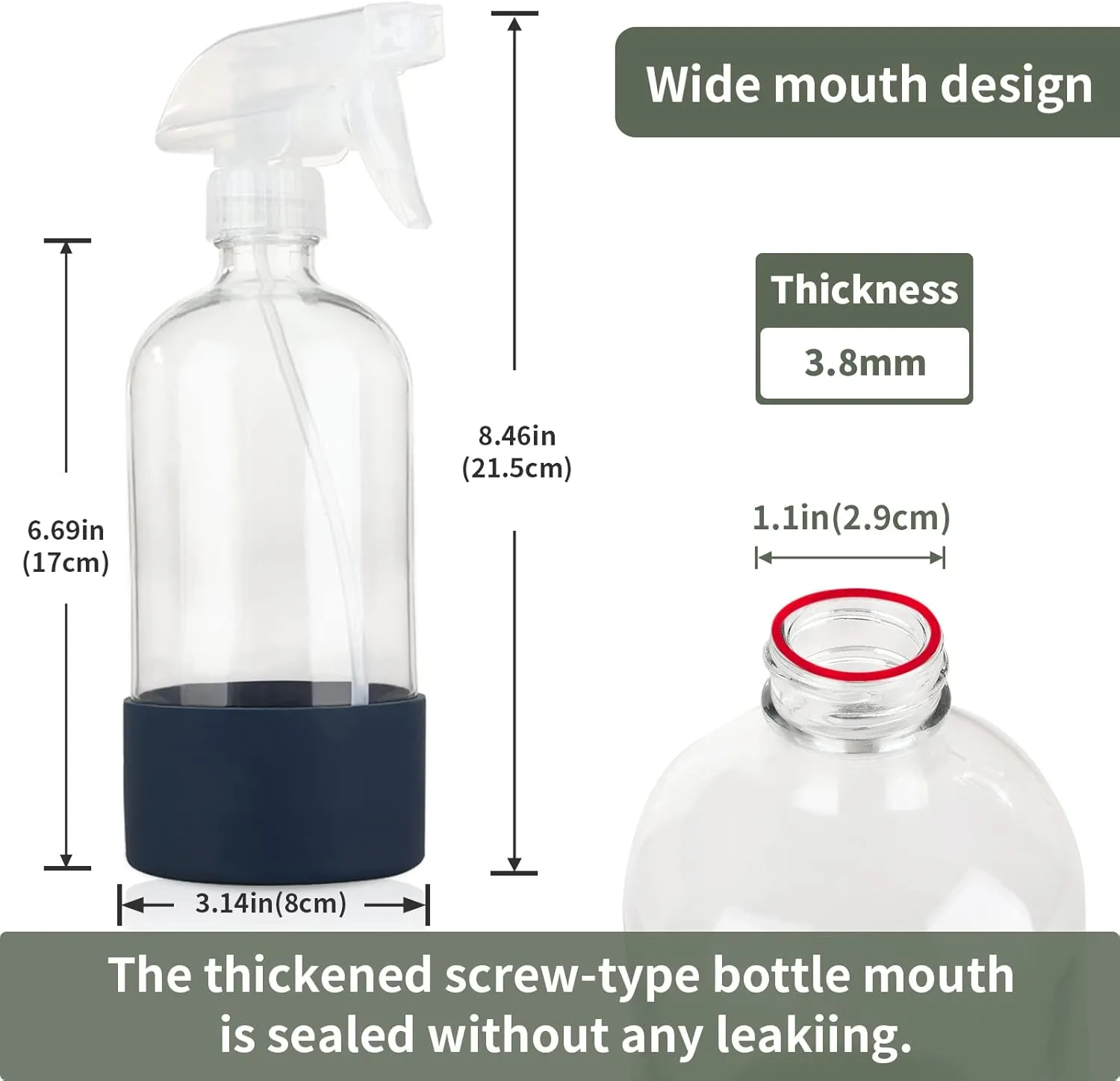 HOMBYS 16 Oz Clear Glass Spray Bottles with Silicone Sleeve,Empty Boston Bottle Spray Bottle with Adjustable Nozzle,Refillable Container for Cleaning, Essential Oils, Hair, Plants