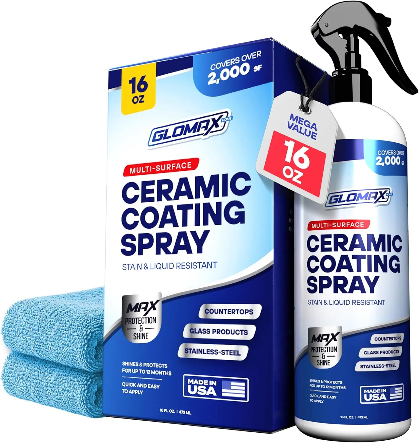 Home Ceramic Coating Spray Kit (16 oz) - Shine, Seal & Protect Stainless Steal, Glass, Kitchen & Bath Surfaces - Extremely Hydrophobic - Repels Stains & Grime - Includes 2 Micro Fiber Towels