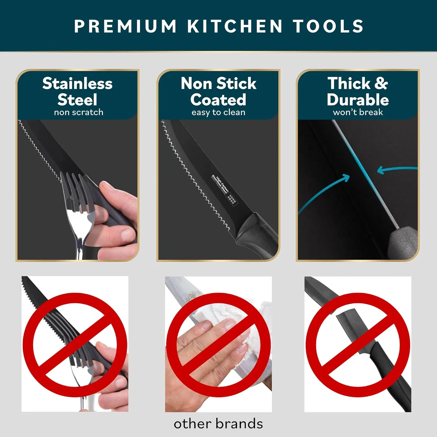 Home Hero Steak Knives, Sharp Steak Knives Set, High-Carbon Stainless Steel Steak Knife Set, Ergonomic Handles Serrated Steak Knives (8 Pcs - Black)