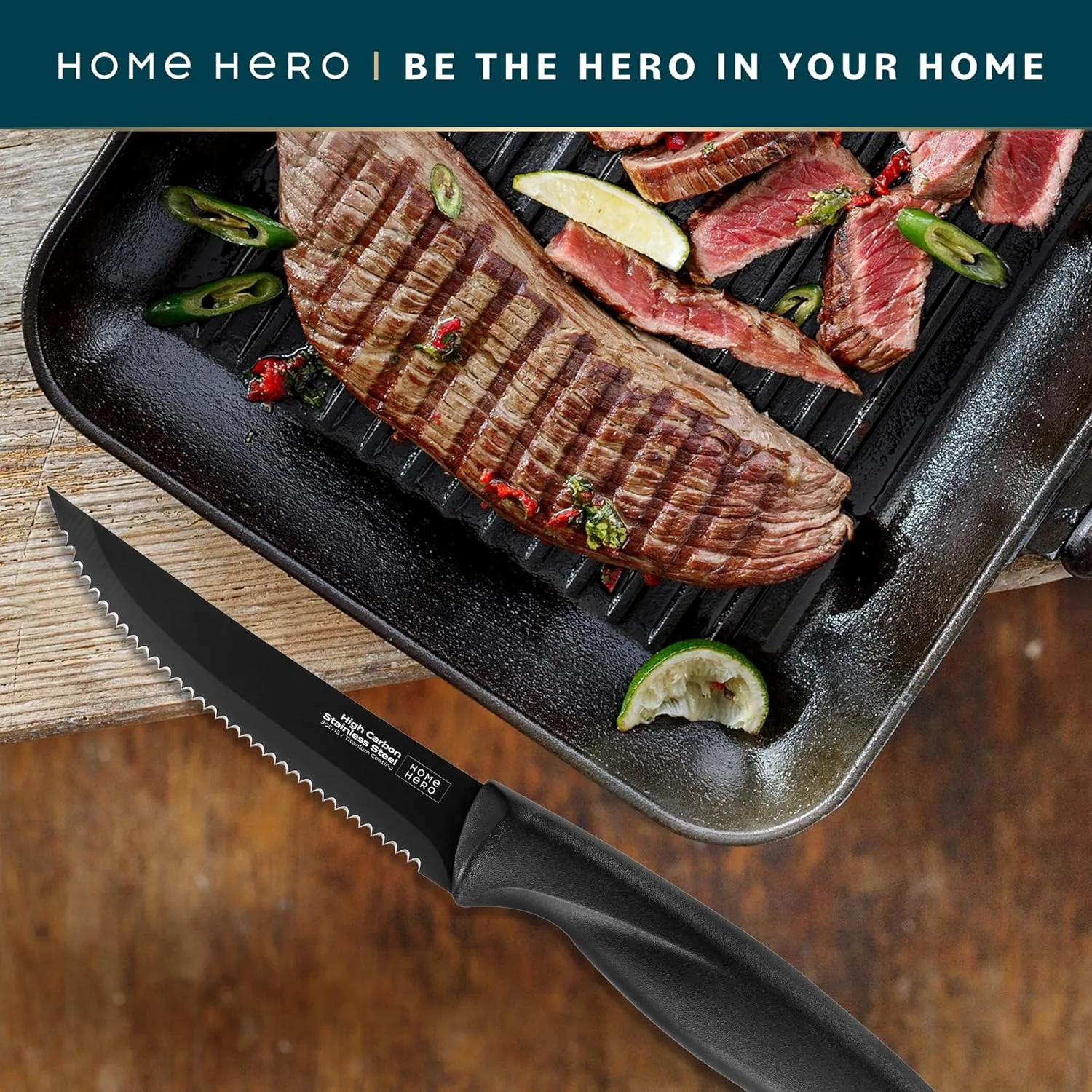 Home Hero Steak Knives, Sharp Steak Knives Set, High-Carbon Stainless Steel Steak Knife Set, Ergonomic Handles Serrated Steak Knives (8 Pcs - Black)