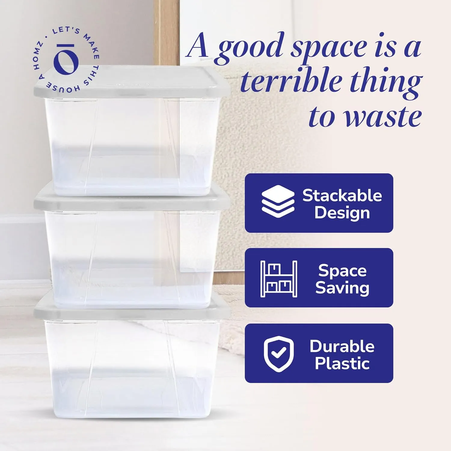 HOMZ 10-Pack Snaplock, Small Clear Plastic Storage Bins with Lids, 6 Quart, White