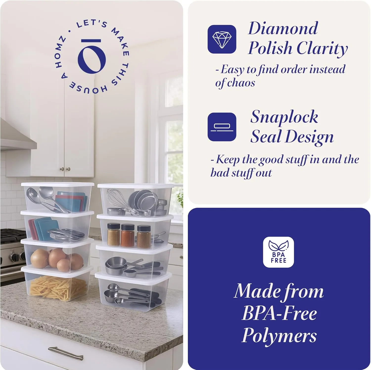 HOMZ 10-Pack Snaplock, Small Clear Plastic Storage Bins with Lids, 6 Quart, White