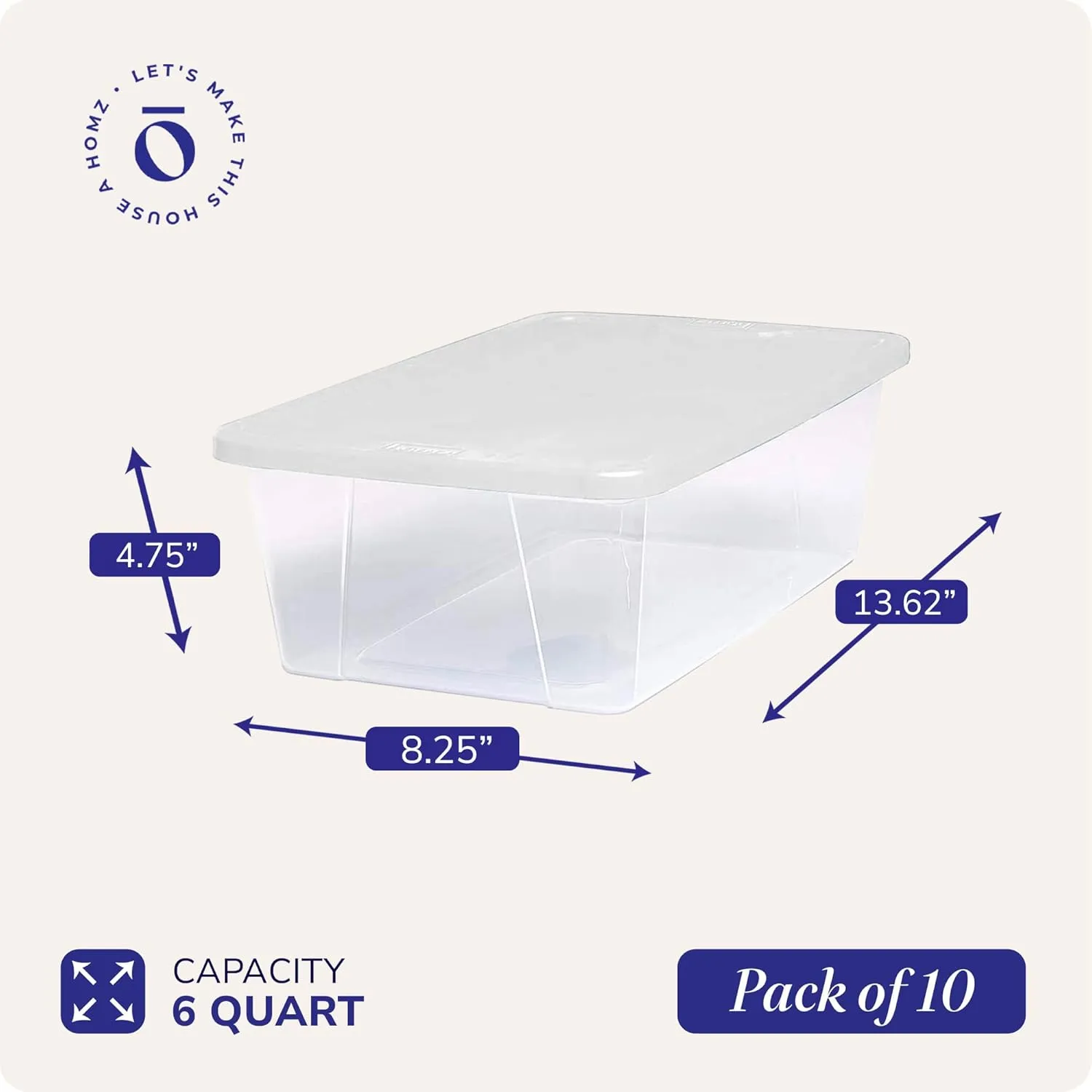 HOMZ 10-Pack Snaplock, Small Clear Plastic Storage Bins with Lids, 6 Quart, White