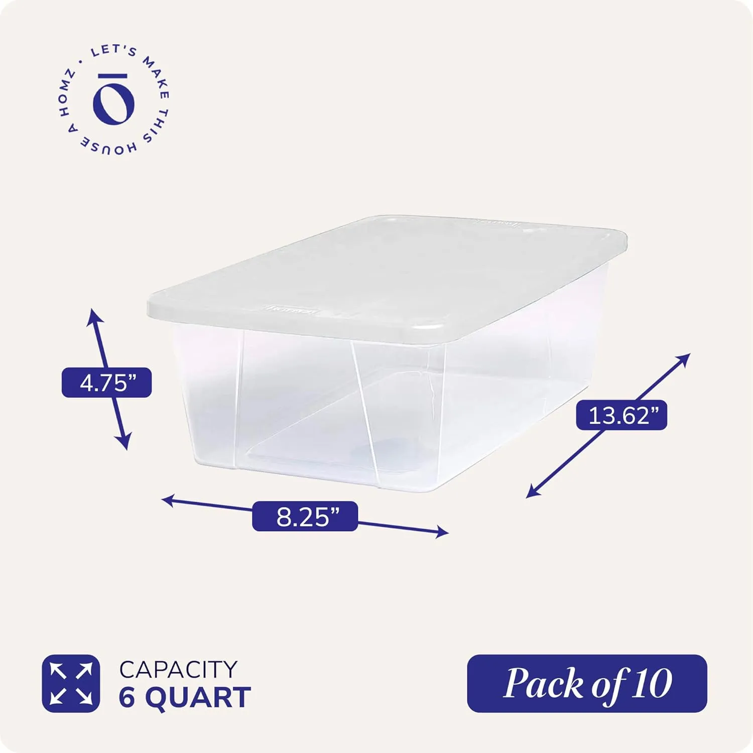 HOMZ 10-Pack Snaplock, Small Clear Plastic Storage Bins with Lids, 6 Quart, White
