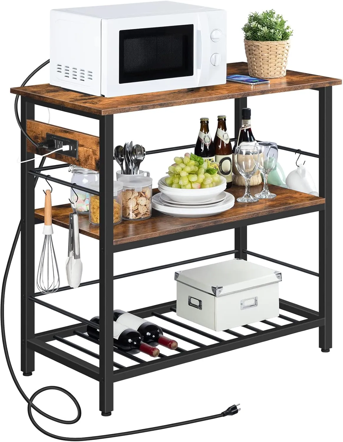 HOOBRO Kitchen Island with Storage, Kitchen Island Table with Power Outlet, 35.4" L 3 Tier Coffee Station and Microwave Stand, for Home, Dining Room, Rustic Brown and Black BF021ZD01