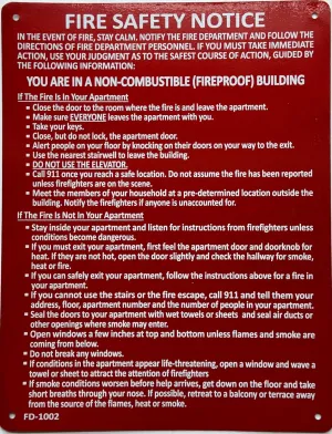 HPD NYC LOBBY FIRE SAFETY NOTICE FIRE PROOF BUILDING/FDNY LOOBY FIRE SAFETY NOTICE FIRE PROOF BUILDING (Red, ALUMINIUM, REFLECTIVE. 8.5X11 INCH,HEAVY DUTY, RUST FREE)