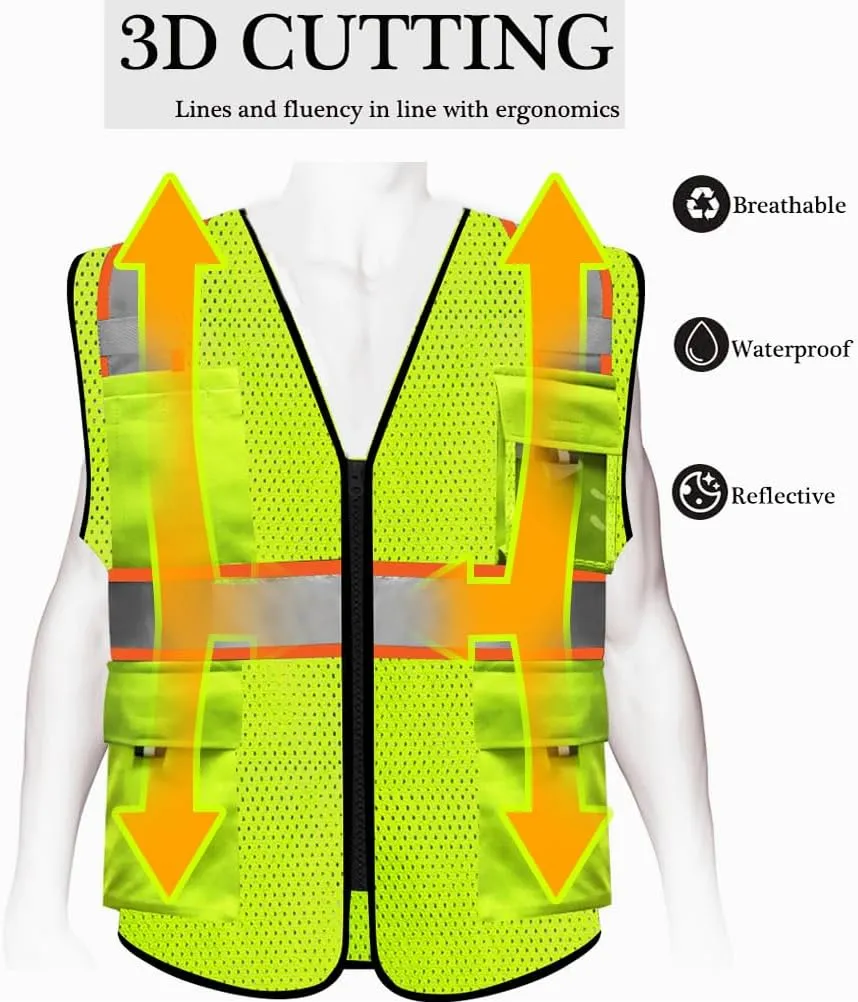 HYCOPROT High Visibility Mesh Safety Reflective Vest with Pockets and Zipper, Meets ANSI/ISEA Standards