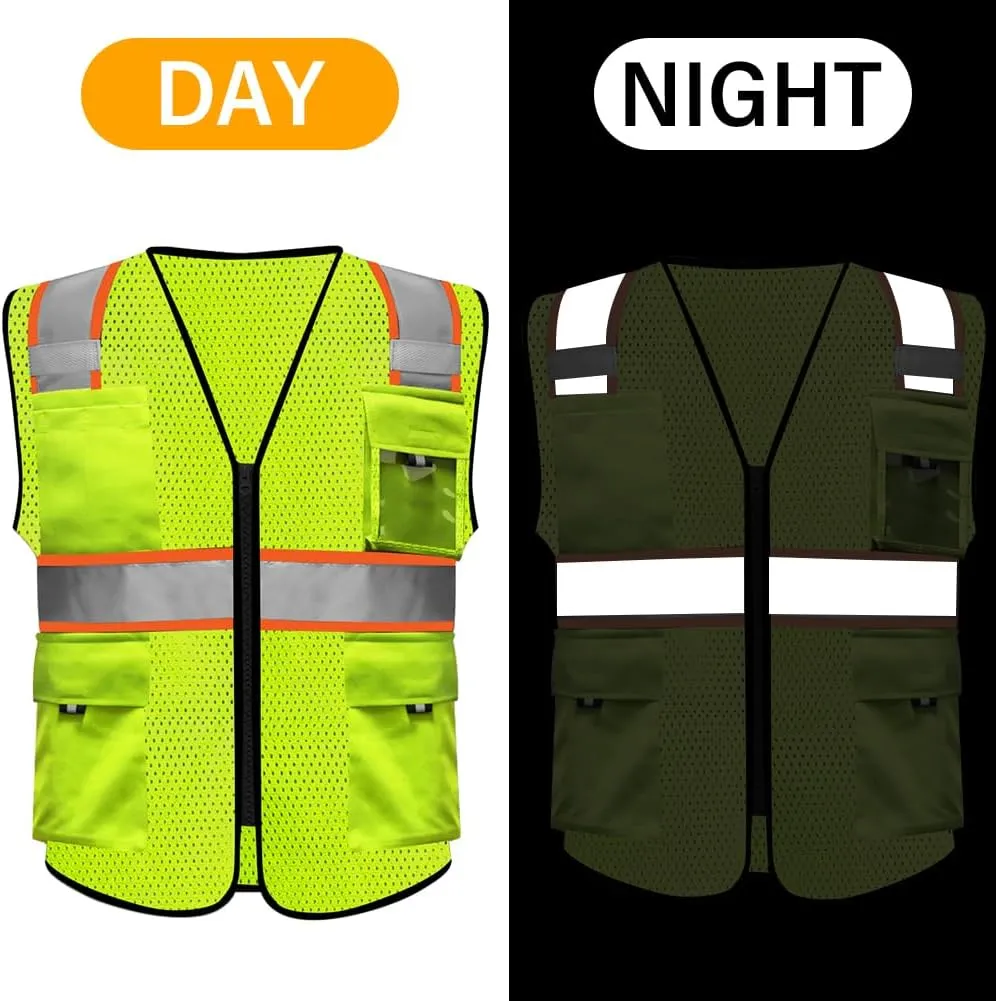 HYCOPROT High Visibility Mesh Safety Reflective Vest with Pockets and Zipper, Meets ANSI/ISEA Standards