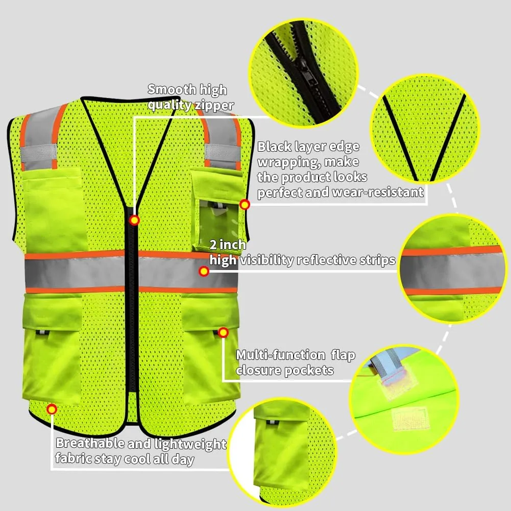 HYCOPROT High Visibility Mesh Safety Reflective Vest with Pockets and Zipper, Meets ANSI/ISEA Standards
