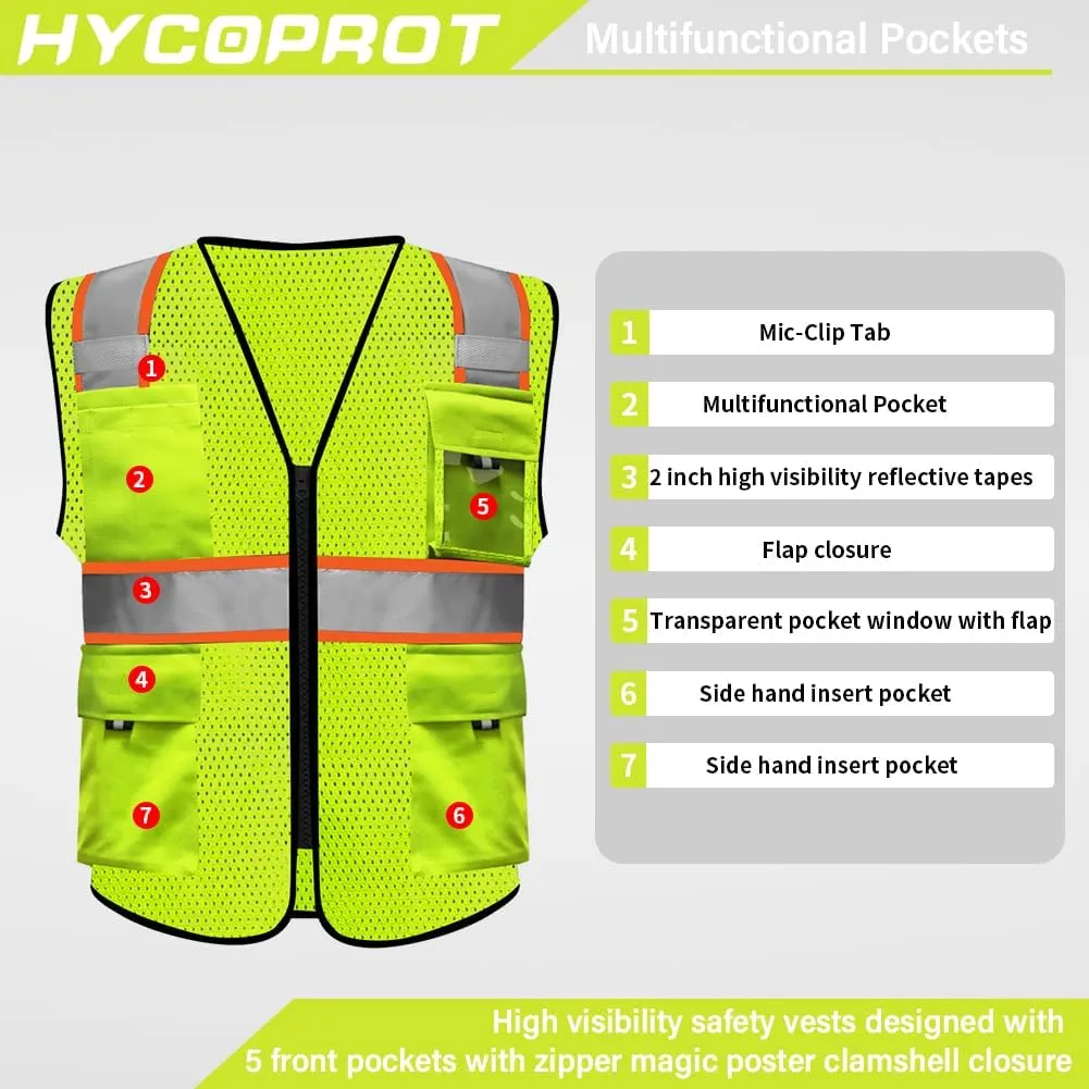 HYCOPROT High Visibility Mesh Safety Reflective Vest with Pockets and Zipper, Meets ANSI/ISEA Standards