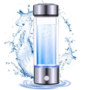 Hydrogen Water Bottle Alkaline, Hydrogen H2 Water Infuser & Hydrogen-Rich Water Machine, Portable & Travel Friendly, 304 Stainless-Steel & Food Grade Glass 1500PPB – 14 oz