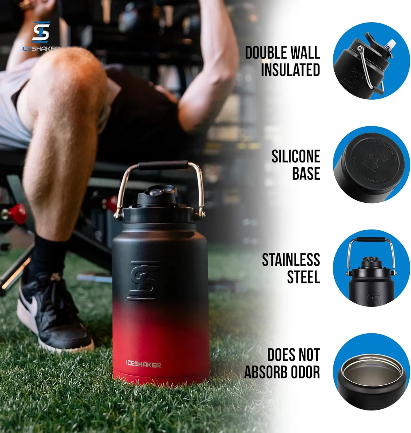 Ice Shaker Insulated Stainless Steel Half Gallon Water Jug | 64 oz, Red/Black | Stays Cold for 60  Hours | Multi-purpose lid | Odor-Free Outdoor Water Jug for Sports, Camping, Hiking, Working Out
