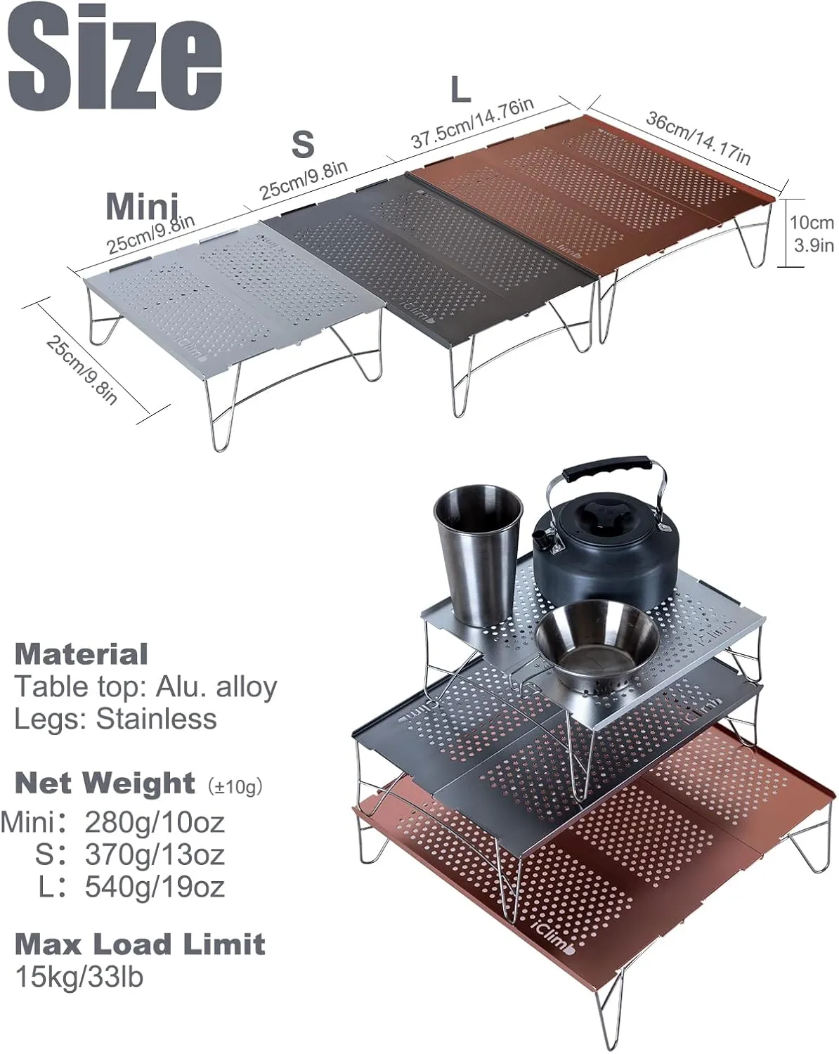 iClimb Mini Solo Folding Table Ultralight Compact for Backpacking Camping Hiking Beach Picnic (Gunmetal, Mini)