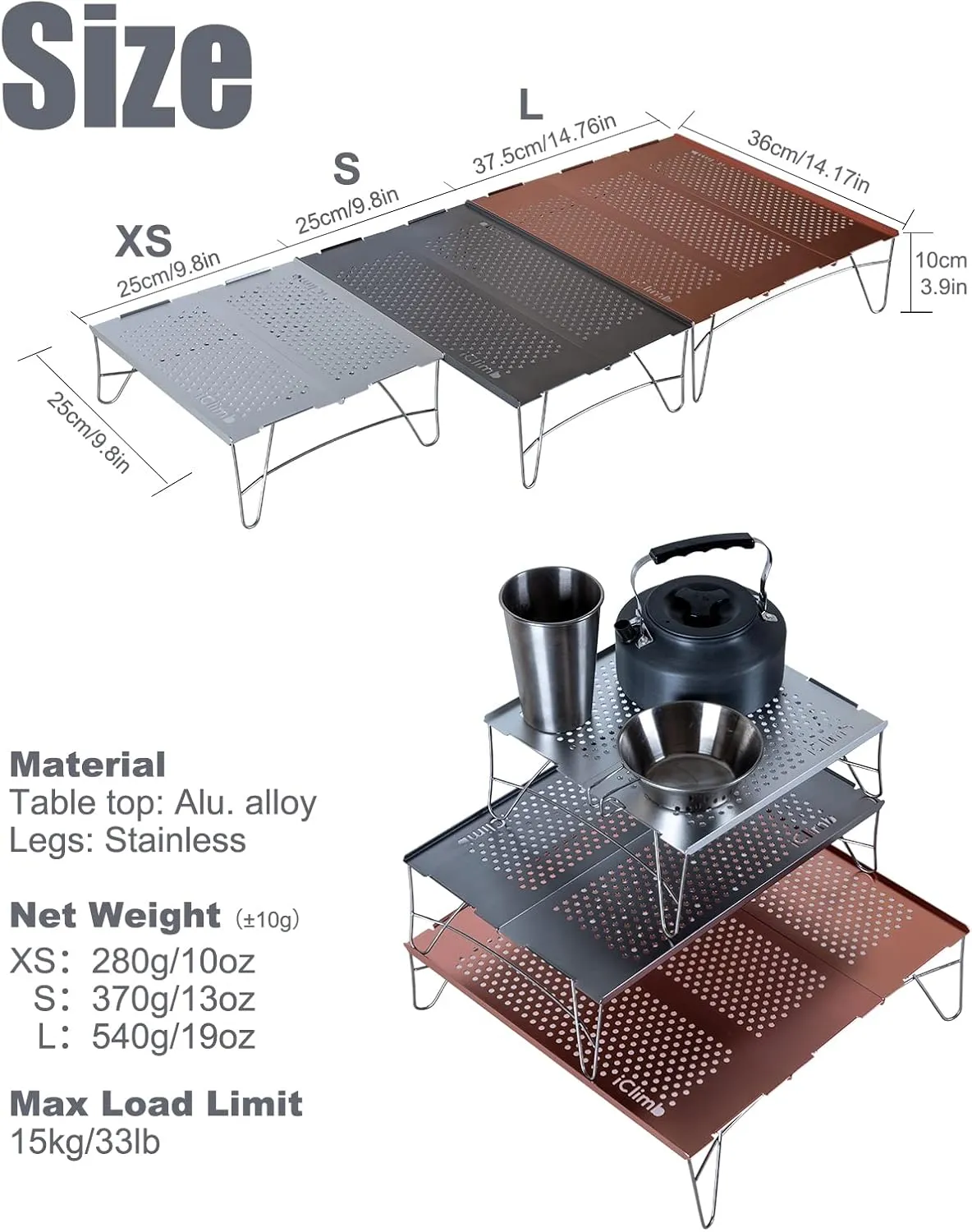 iClimb Mini Solo Folding Table Ultralight Compact for Backpacking Camping Hiking Beach Picnic (Silver, Mini)