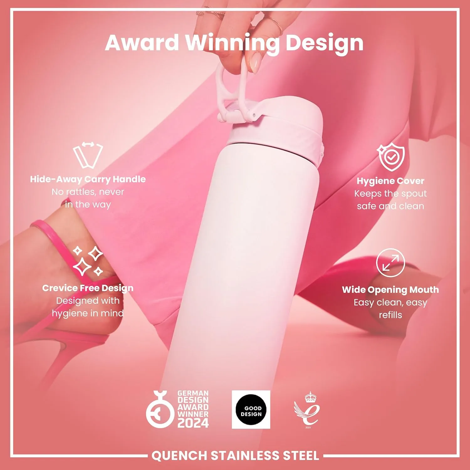 Ion8 1 Litre Stainless Steel Water Bottle, Leak Proof, Easy to Open, Secure Lock, Dishwasher Safe, Carry Handle, Flip Cover, Easy Clean, Durable, Scratch Resistant, 1200 ml/40 oz, Lilac Dusk Pink