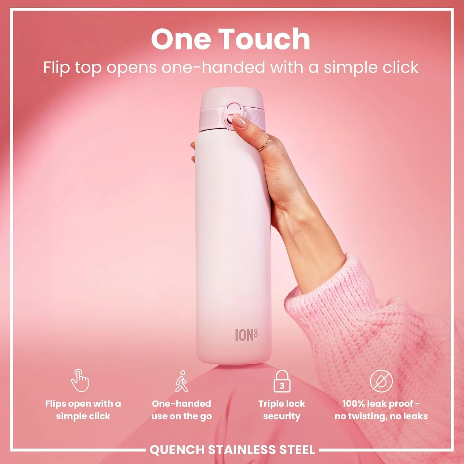 Ion8 1 Litre Stainless Steel Water Bottle, Leak Proof, Easy to Open, Secure Lock, Dishwasher Safe, Carry Handle, Flip Cover, Easy Clean, Durable, Scratch Resistant, 1200 ml/40 oz, Lilac Dusk Pink