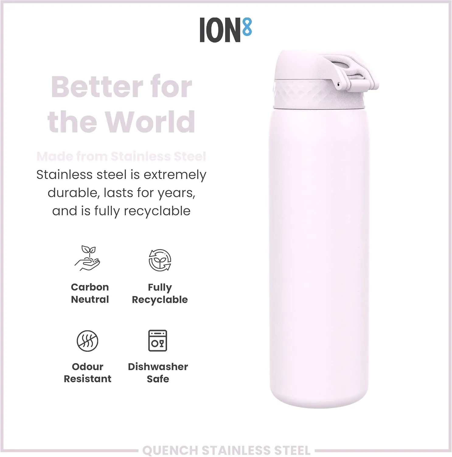 Ion8 1 Litre Stainless Steel Water Bottle, Leak Proof, Easy to Open, Secure Lock, Dishwasher Safe, Carry Handle, Flip Cover, Easy Clean, Durable, Scratch Resistant, 1200 ml/40 oz, Lilac Dusk Pink