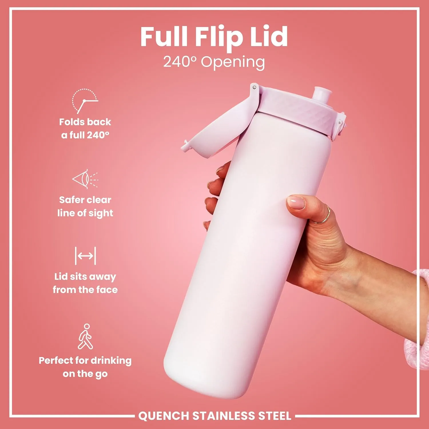 Ion8 1 Litre Stainless Steel Water Bottle, Leak Proof, Easy to Open, Secure Lock, Dishwasher Safe, Carry Handle, Flip Cover, Easy Clean, Durable, Scratch Resistant, 1200 ml/40 oz, Lilac Dusk Pink
