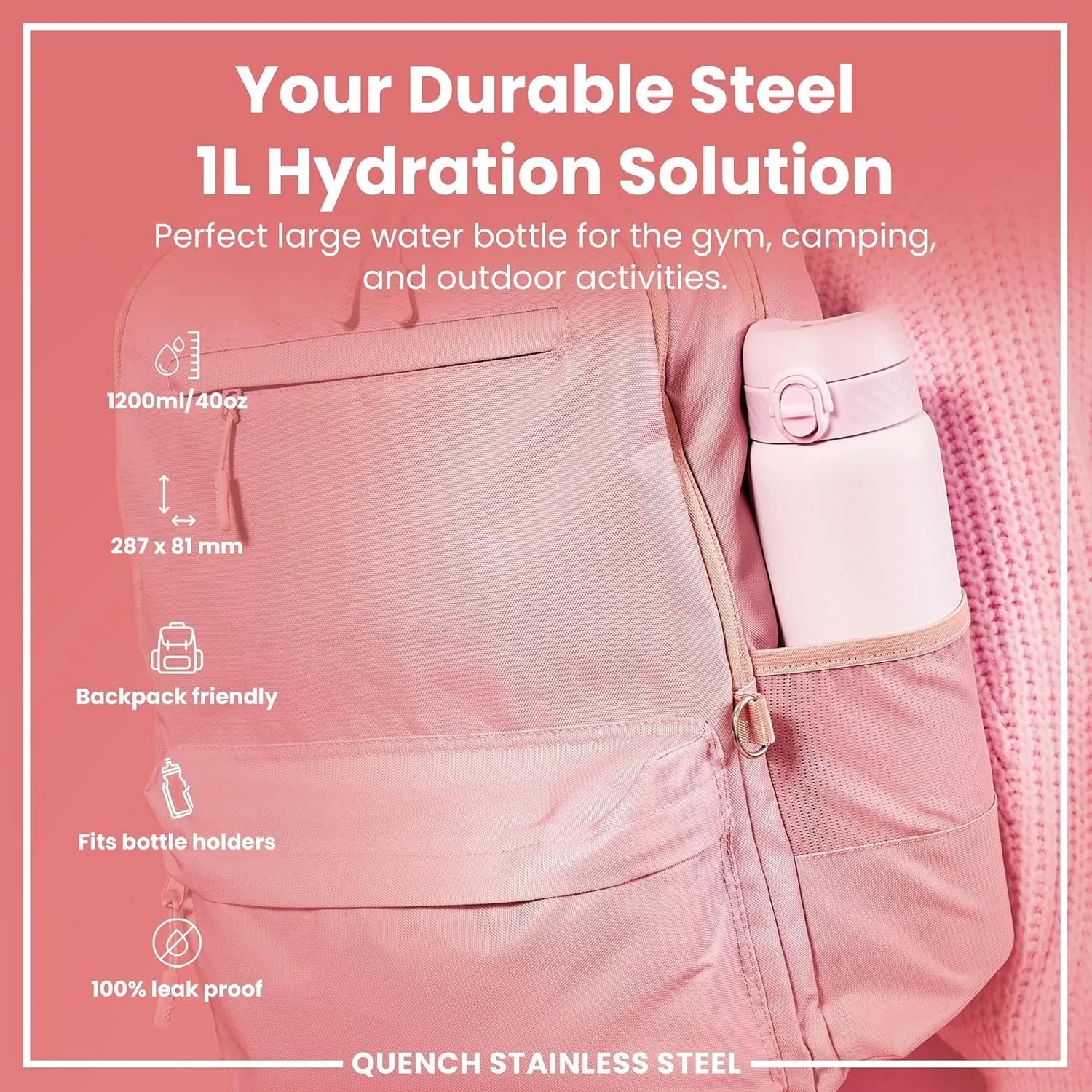 Ion8 1 Litre Stainless Steel Water Bottle, Leak Proof, Easy to Open, Secure Lock, Dishwasher Safe, Carry Handle, Flip Cover, Easy Clean, Durable, Scratch Resistant, 1200 ml/40 oz, Lilac Dusk Pink