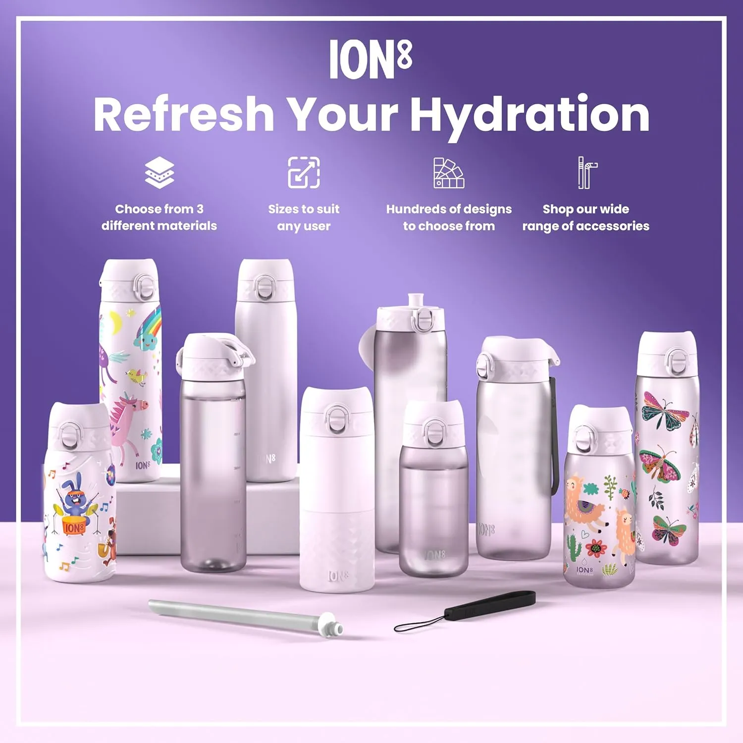 Ion8 1 Litre Stainless Steel Water Bottle, Leak Proof, Easy to Open, Secure Lock, Dishwasher Safe, Carry Handle, Flip Cover, Easy Clean, Durable, Scratch Resistant, 1200 ml/40 oz, Lilac Dusk Pink