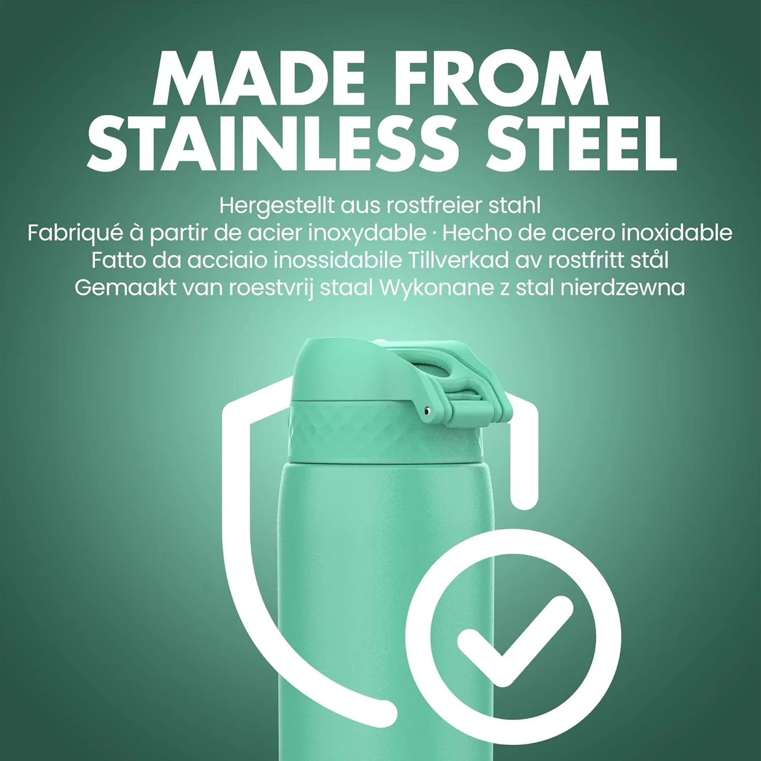 Ion8 1 Litre Stainless Steel Water Bottle, Leak Proof, Easy to Open, Secure Lock, Dishwasher Safe, Carry Handle, Hygienic Flip Cover, Easy Clean, Durable, Scratch Resistant, 1200 ml/40 oz, Teal Green