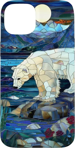 iPhone 15 Plus Polar Bear Stained Glass Art Mosaic 3-D Stream Mountain Snow Case
