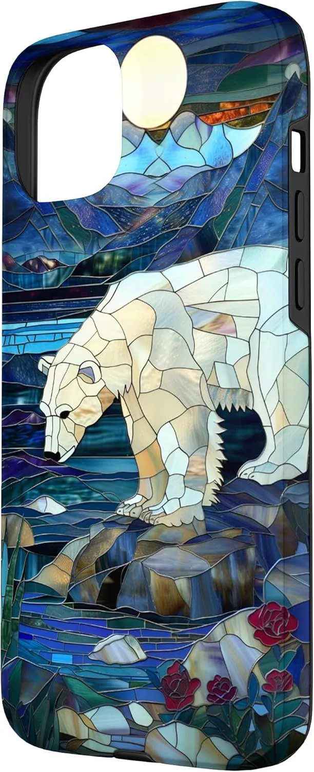iPhone 15 Plus Polar Bear Stained Glass Art Mosaic 3-D Stream Mountain Snow Case