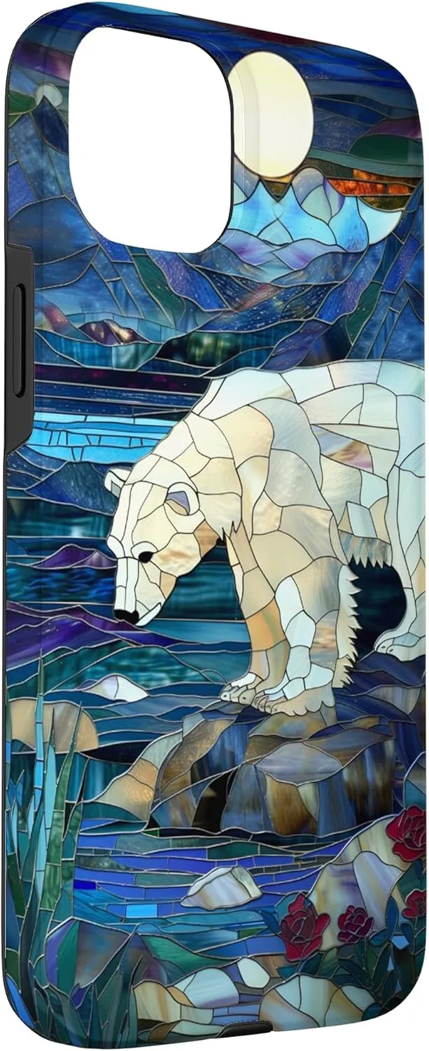 iPhone 15 Plus Polar Bear Stained Glass Art Mosaic 3-D Stream Mountain Snow Case