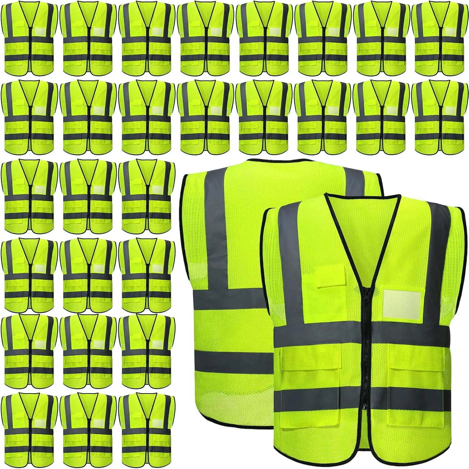 JaGely 12 Pack Reflective Safety Vests with Pockets, High Visibility Mesh Construction Vest for Men Women, Neon Yellow, Size L