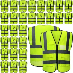 JaGely 12 Pack Reflective Safety Vests with Pockets, High Visibility Mesh Construction Vest for Men Women, Neon Yellow, Size L