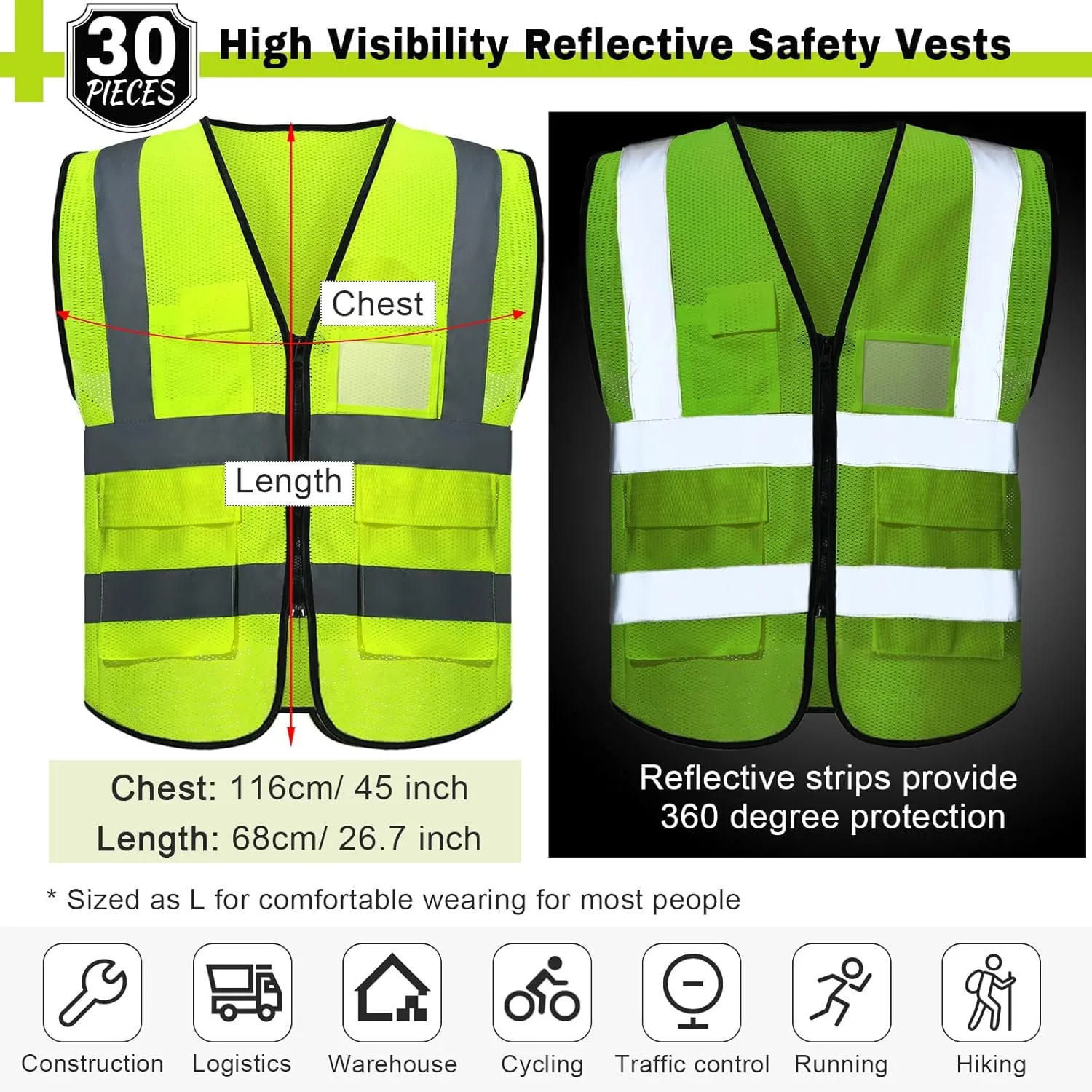 JaGely 12 Pack Reflective Safety Vests with Pockets, High Visibility Mesh Construction Vest for Men Women, Neon Yellow, Size L